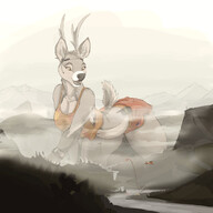 drawing gentle giantess furry macro tail anthro mega color large_breasts clothed cleavage multiple_sizes yellow_eyes smiling shorts looking_down mountains forest river thighs outdoors all_fours antlers top bracelet mountain_range fog rescue deer headset thick_thighs bare_legs bare_midriff looking_at_tinies doe scream_(artist) armageddon_the_dutchie cervine