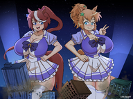 drawing giantess tail city mega color destruction blue_eyes clothed cleavage skirt buildings ribbon brunette socks ponytail dress giantesses clouds night outdoors sky hair_ribbon thigh_highs looking_at_viewer stars white_socks cleavage_window dakunart soulfirefox70 tokai_teio taiki_shuttle uma_musume_pretty_derby horse_ears