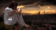 giantess crush collage city clothed barefoot brunette skyline unknown_artist sitting houses sky sunset