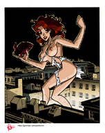 breasts drawing nipples giantess nude city mega color large_breasts long_hair butt handheld cleavage buildings red_hair vehicles night outdoors ripped_clothing semi_nude attack_of_the_50_foot_woman nancy_archer bare_legs bare_midriff orsorama