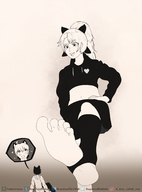 drawing giantess crush feet monochrome clothed soles ribbon smiling ponytail foot_crush looking_down hair_ribbon raised_foot imminent_crush no_background looking_at_tiny fedextreme bare_midriff azurii grayscale sizesupportertiny