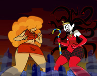 drawing giantess city mega black_hair color large_breasts long_hair destruction cleavage skirt buildings green_eyes gloves boots fighting fishnets cartoon suit giantesses smoke clouds outdoors freckles necklace ripped_clothing leotard tiara orange_hair business_suit white_skin powerpuff_girls sedusa bare_legs fists ms_bellum bare_midriff scepter megamaliit bellum cartoon_network townsville