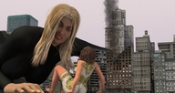 giantess size_difference city mega blonde color long_hair destruction clothed barefoot buildings brunette crawling looking_down giantesses big_time outdoors looking_at_tiny digital_render bare_legs randomthug mrx115 big_grow