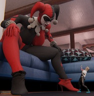 color clothed high_heels smiling gloves harley_quinn sitting shrunken_woman looking_down batman indoors sofa gwen looking_at_tiny digital_render clown visionjack123 clown_girl eyemask blendersender mavixtious_