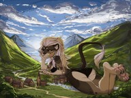 drawing gentle giantess furry macro tail cat mega blonde color long_hair barefoot buildings red_eyes paws lying_down village looking_down mountains river clouds outdoors sky semi_nude bare_butt valley bare_legs bare_midriff looking_at_tinies armageddon_the_dutchie skimpy_clothes freya night_mint bare_thighs bare_paws