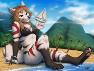 bikini drawing gentle giantess furry macro wolf tail color beach barefoot ocean playful brunette brown_eyes smiling paws sitting sand clouds outdoors sky palm_trees striped trees semi_nude palms bare_legs smirking bare_midriff looking_at_tinies skimpy_clothes bare_thighs bare_paws adeleide kero_tzuki elana jazzywolf