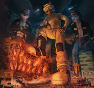 drawing crush feet furry macro anthro city mega color destruction giant male clothed buildings foot_crush fire uniform abs looking_down clouds night sky giants hotel bare_legs night_sky thb886 firefighter
