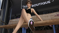 crush feet blushing color shoes brunette short_hair sitting foot_crush shorts unaware shoe_crush under_foot bench stuck_to_shoe digital_render bare_legs overwatch widowmaker bare_midriff tracer_(overwatch) bare_thighs bananaboy4
