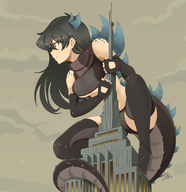 drawing giantess tail mega black_hair color large_breasts long_hair clothed high_heels buildings stockings yellow_eyes smiling godzilla squatting underboob fangs clouds outdoors sky birds profile zilla kaiju on_building bare_midriff ncmares yohomeboync yohomeboyraps raps girlskaiju