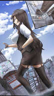 breasts drawing giantess crush feet city mega black_hair color long_hair butt destruction clothed rampage skirt buildings train purple_eyes socks gloves foot_crush news clouds outdoors sky tv thigh_highs long_socks natsume black_socks debris nz irisheartnagato