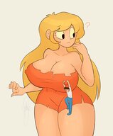 drawing nipples blonde color long_hair clothed cleavage unaware hanging_on hanging_from_nipple no_background bare_legs otheruizart diders