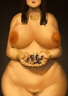 drawing nipples nude color tongue brunette topless hand necklace licking_lips bracelet handled uru no_background bare_legs bare_midriff bare_thighs