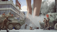 giantess crush feet city color destruction barefoot buildings brunette tank scared foot_crush running clouds outdoors crouching sky truck soldiers dust weapons debris concrete digital_render bullies bare_legs lfcfan apc rifles