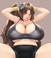 breasts drawing giantess color large_breasts long_hair blue_eyes clothed cleavage huge_breasts ribbon brunette teston sweat ponytail underboob shorts shrunken_man hair_ribbon no_background cleavage_window bare_legs bare_midriff between_breasts braceletes