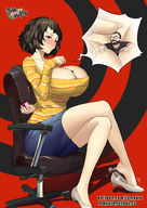 breasts drawing giantess blushing black_hair color large_breasts clothed cleavage huge_breasts brown_eyes smiling short_hair sitting hand legs shrunken_man looking_down chair legs_crossed no_background looking_at_tiny persona cleavage_window smirking between_breasts persona_5 sadayo_kawakami tempuru