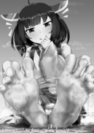 drawing giantess panties feet giga city upskirt monochrome destruction clothed barefoot buildings smiling short_hair clouds outdoors dirty_soles sky looking_at_viewer smirking rakia grayscale
