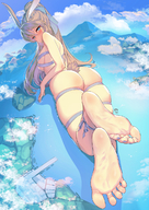 drawing giantess giga color long_hair bunny_ears blue_eyes barefoot ocean ribbon high_angle lying_down clouds sky grey_hair nail_polish aerial_view hair_ribbon looking_at_viewer semi_nude suertee34