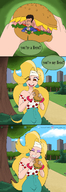 drawing giantess vore blonde comic color long_hair clothed blood brown_eyes gore fangs bite shrunken_man outdoors earrings martha bracelet heavy_eyeshadow royalwaffle sandwitch helluva_boss martha_(helluva_boss) hero_sandwich