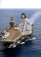 collage black_hair color clothed ocean kimono short_hair unknown_artist squatting outdoors ships looking_at_viewer aircraft_carrier source_needed minami hamabe