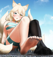 drawing giantess crush feet giga city blonde color long_hair blue_eyes toes barefoot buildings soles butt_crush yellow_eyes socks sitting foot_crush looking_down clouds outdoors dirty_soles sky under_foot choker raised_foot semi_nude long_socks multiple_tails black_socks imminent_crush bell heterochromia bare_legs rakia bare_midriff looking_at_tinies fox_eyes
