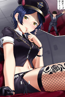 drawing color clothed blue_hair yellow_eyes smiling gloves short_hair sitting fishnets shrunken_man looking_down indoors hat black_gloves tattoo japanese_text dialogue looking_at_tiny rakia bare_midriff