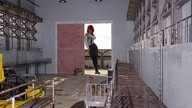 giantess mega color clothed stockings socks red_hair indoors black_socks digital_render velocity-vektor storage_room