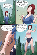 breasts drawing growth giantess mega comic color large_breasts barefoot cleavage bra skirt green_eyes smiling giganta red_hair short_hair teacher forest outdoors closed_eyes trees ripped_clothing dialogue semi_nude button dc_comics bare_legs outgrowing_clothes bare_midriff caiman2 bigdavex1 bare_thighs doris