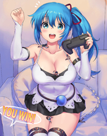 drawing giantess crush color large_breasts butt blue_eyes clothed cleavage butt_crush blue_hair ribbon teston smiling ponytail sitting between_legs shrunken_people indoors hair_ribbon looking_at_viewer cleavage_window gamer_girl between_breasts sitting_on_tiny bare_thighs