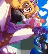 drawing gentle panties furry anthro upskirt blonde color long_hair clothed bunny barefoot skirt tiny low_angle smiling love squatting black_eyes yellow_hair shrunken_man looking_down clouds flower bunny_girl sky gift bouquet striped_panties mspaintgts sena bare_legs triston bare_paws