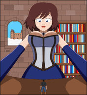 breasts drawing giantess color large_breasts blue_eyes clothed cleavage brunette castle gloves short_hair table shrunken_man looking_down books clouds indoors corset choker elizabeth bioshock_infinite looking_at_tiny bioshock cleavage_window booker_dewitt elizabeth_comstock nightcore100