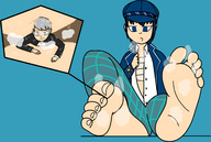 drawing micro feet color blue_eyes clothed toes barefoot soles blue_hair sweat short_hair unaware shrunken_man between_toes hat sweaty_feet steam no_background tiny-zane naoto_shirogane footheld yu_narukami drmayhem211