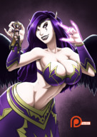 drawing giantess wings color long_hair cleavage purple_hair purple_eyes smiling hand shrunken_woman nail_polish semi_nude league_of_legends handled no_background pointed_ears spokle cleavage_window smirking bare_midriff leblanc_(league_of_legends) morgana_(league_of_legends) soup_doup