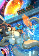 breasts drawing nipples nude furry tail space color water wet green_eyes brunette topless high_angle smiling short_hair window necklace bracelet relaxing swimming_pool looking_at_tiny bare_legs armlet smirking saatchi notbad621 bare_midriff hawk_(notbad621) laura_(saatchi) bare_thighs nude_tiny
