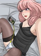 drawing pussy panties color bed purple_eyes domination pink_hair sitting shrunken_people looking_down entrapment indoors white_panties bedroom semi_nude panty_entrapment looking_at_tiny biting_lip clothing_entrapment heavy_eyeshadow hannunaki