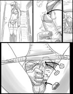 drawing masturbation comic monochrome long_hair futanari penis pubic_hair climbing erect hand shrunken_people indoors precum hair_ribbon semi_nude bare_midriff hair hannunaki grayscale climbing_penis