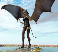 giantess crush feet horns tail wings mega blonde color clothed high_heels smiling short_hair foot_crush looking_down lake clouds shoe_crush outdoors sky under_foot long_nails choker nail_polish raised_foot imminent_crush digital_render velocity-vektor