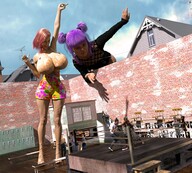 breasts giantess color large_breasts clothed purple_hair huge_breasts pink_hair short_hair mini_giantess looking_down giantesses clouds outdoors sky digital_render bare_legs velocity-vektor looking_at_tinies