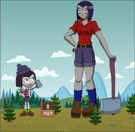 breasts drawing giantess mega color clothed skirt purple_hair purple_eyes multiple_sizes raven teen_titans short_hair boots shorts looking_down mountains giantesses forest clouds looking_up houses outdoors sky belt hands_on_hips axe looking_at_tiny dc_comics bare_legs grey_skin nightcore100 lumberjack teen_titans_go