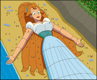breasts drawing giantess mega color long_hair blue_eyes clothed beach ocean green_eyes red_hair dress lying_down bondage sand gullivera outdoors hairband ropes on_breasts nightcore100 thumbelina