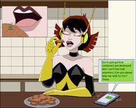 breasts drawing vore color large_breasts clothed cleavage brunette gloves short_hair sitting phone kitchen unaware shrunken_man open_mouth avengers indoors costume cookies closed_eyes cellphone imminent_vore hulk green_skin janet_van_dyne marvel_comics nightcore100 the_wasp avengers_earths_mightiest_heroes yellow_gloves