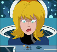 drawing giantess blonde color blue_eyes clothed green_eyes angry short_hair shrunken_man looking_down costume fantastic_four the_thing tablet looking_at_tiny invisible_woman marvel_comics mr_fantastic human_torch nightcore100 looking_at_tinies sue_storm susan_storm