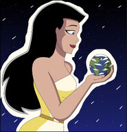 drawing gentle giantess earth giga space black_hair color long_hair blue_eyes clothed planet handheld goddess smiling wonder_woman belt stars toga dc_comics cosmic_giantess nightcore100 diana_prince