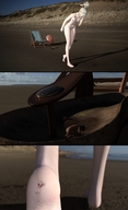 white_hair crush feet comic color barefoot cleavage blood in_shoe ponytail foot_crush unaware shrunken_people looking_down sand outdoors sky under_foot mercy semi_nude stuck_to_foot digital_render bare_legs overwatch mercy_(overwatch) bare_thighs bananaboy4