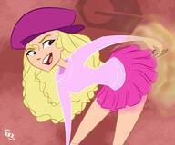 drawing blonde color long_hair clothed skirt domination smiling hand fart hat looking_back handled looking_at_tiny bare_legs raised_butt smirking kisparlius grossology