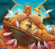 nipples giantess pokemon nude furry dragoness horns tail wings mega dragon claws ocean topless purple_eyes smiling underboob hand looking_down clouds sky ships mr._game_and_watch handled scalie charizard looking_at_tiny super_smash_bros smirking bare_midriff angelickiddy dungionbeast knoem chari-gal