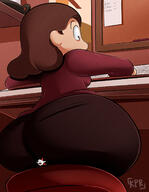 drawing crush color butt clothed butt_crush brunette short_hair sitting unaware indoors milf under_butt rear_view kisparlius hilda_(series) alfur sitting_on_tiny johanna_(hilda)