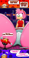 drawing giantess panties furry upskirt comic color clothed green_eyes pink_hair amy_rose short_hair sitting sonic_the_hedgehog looking_down hedgehog white_panties dialogue hairband sitting_on_floor looking_at_tiny bare_legs jp-glewd