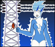 breasts drawing giantess mega black_hair color large_breasts cleavage blue_hair short_hair blue_skin outdoors sky costume superman cape power_lines leotard looking_at_tiny electricity dc_comics cleavage_window bare_legs nightcore100 livewire