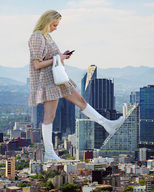 giantess crush collage feet giga city blonde color clothed buildings foot_crush walking looking_down clouds shoe_crush outdoors sky cellphone docop