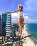 giantess collage giga city blonde color beach barefoot ocean buildings short_hair sand vehicles clouds outdoors sky looking_back looking_at_viewer docop semi_nude rear_view bare_legs bare_thighs